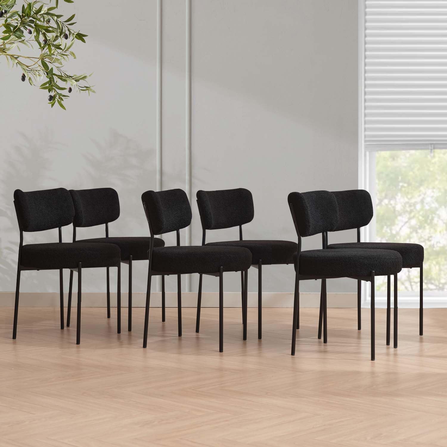 2.7" Black Dining Chairs Set of 6, Boucle Dining Chair with Curved Backrest & Metal Legs, Kitchen Chairs with Adjustable Non-Slip Foot Pads, Mid Century Dining Chair for Living Room