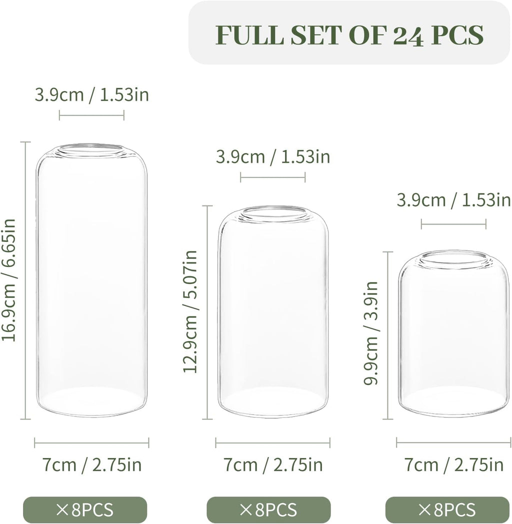 24 Clear Glass Vases | 3 Hights(6.5“ H+5“ H+3.9“ H), Curved-Rim Cylinder Vases for Rustic Farmhouse Centerpieces Wedding Table Decor Bud Vases in Bulk