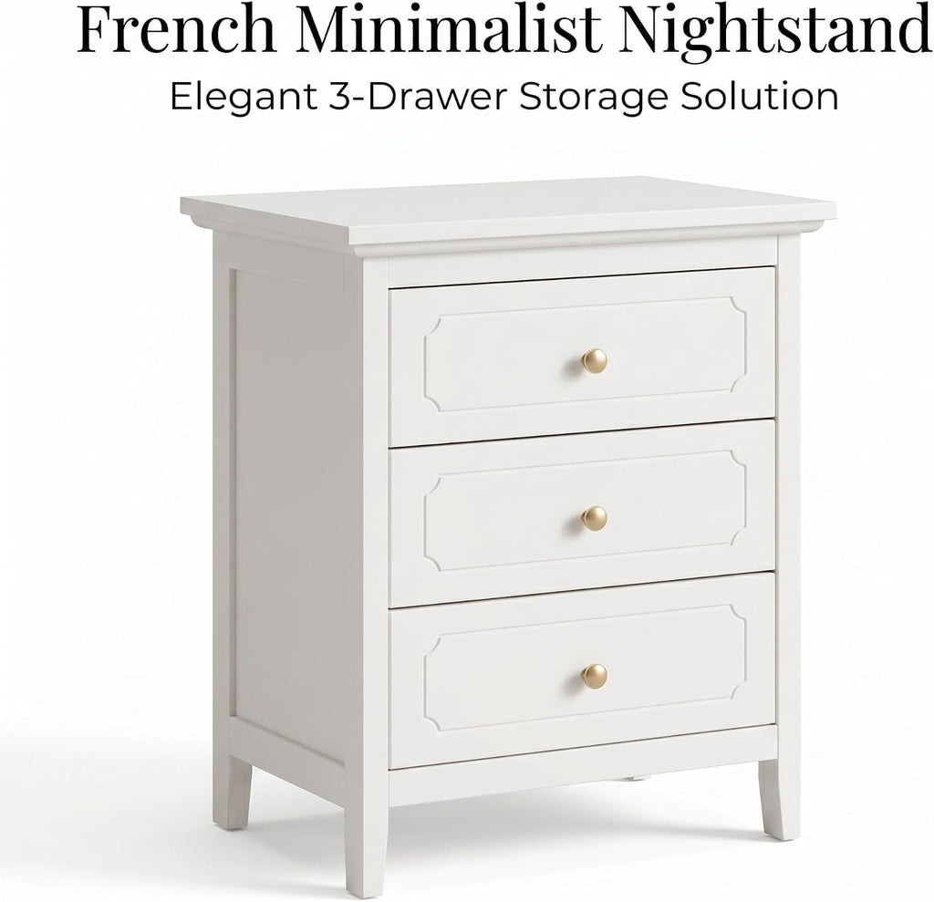 HOPUBUY 3 Drawer Narrow Nightstand for Bedroom, Storage Bedside Table | White, Set of 2, Modern Wood Metal End Table with Gold, Tall Night Stand for Living Room