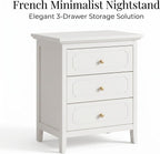 HOPUBUY 3 Drawer Narrow Nightstand for Bedroom, Storage Bedside Table | White, Set of 2, Modern Wood Metal End Table with Gold, Tall Night Stand for Living Room