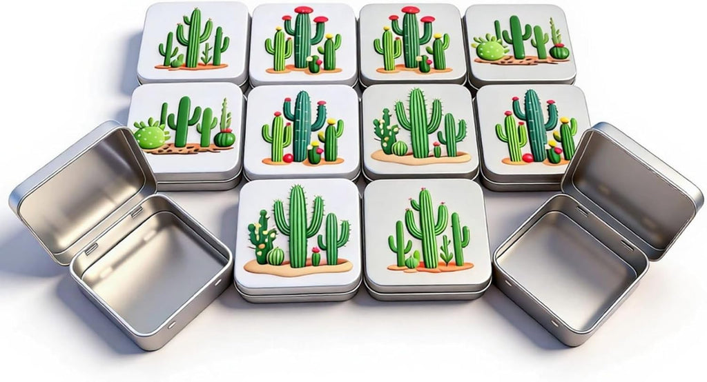 Goodma 12 Pieces Square Metal Empty Tins with Hinged Lid | Home Storage Containers Organizer, Mini Box, Cactus Image, 2.76x2.76x0.79 inch, 2 Colors Assorted
