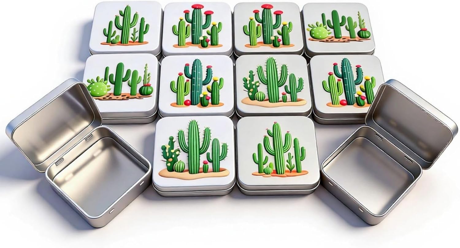 Goodma 12 Pieces Square Metal Empty Tins with Hinged Lid | Home Storage Containers Organizer, Mini Box, Cactus Image, 2.76x2.76x0.79 inch, 2 Colors Assorted