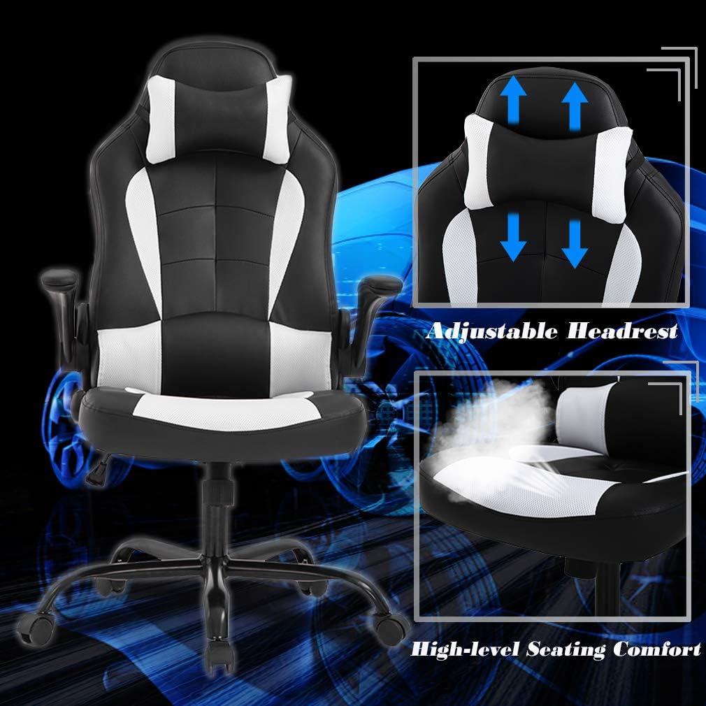 Massage Gaming Chair Office Chair Ergonomic PU Leather Desk Chair with Lumbar Support, Headrest, Flip-Up Armrests, and Swivel Rolling Base, Ideal for Women Adults, White