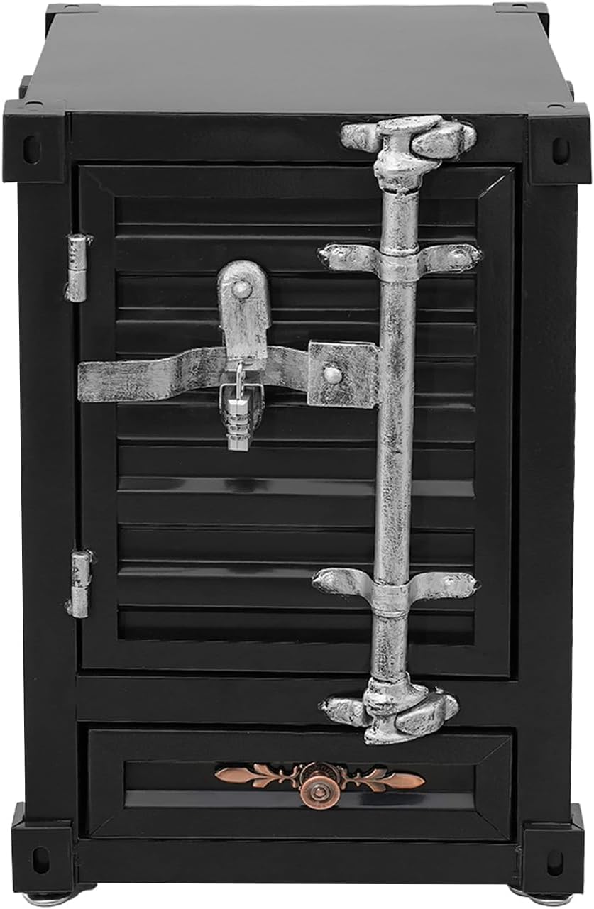12.6x12.6x19.7in Industrial Style Beside Table, Metal Container Side Table with Drawer, Vintage Container Style Locker Wrought Storage Cabinet for Bedroom/Bar/Garage (Black)