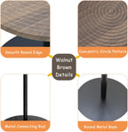 Set of 2 Small Round Side Table Wooden Concentric Circles Coffee Table for Two Metal Pedestal Nightstand for Corner Small Space