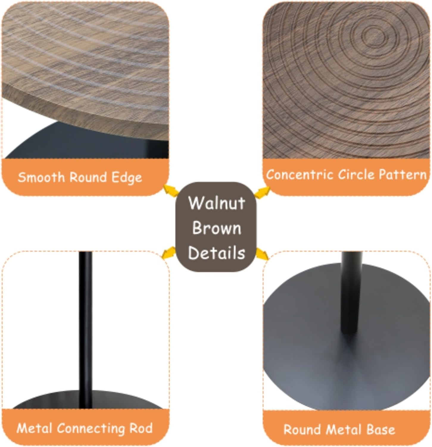 Set of 2 Small Round Side Table Wooden Concentric Circles Coffee Table for Two Metal Pedestal Nightstand for Corner Small Space
