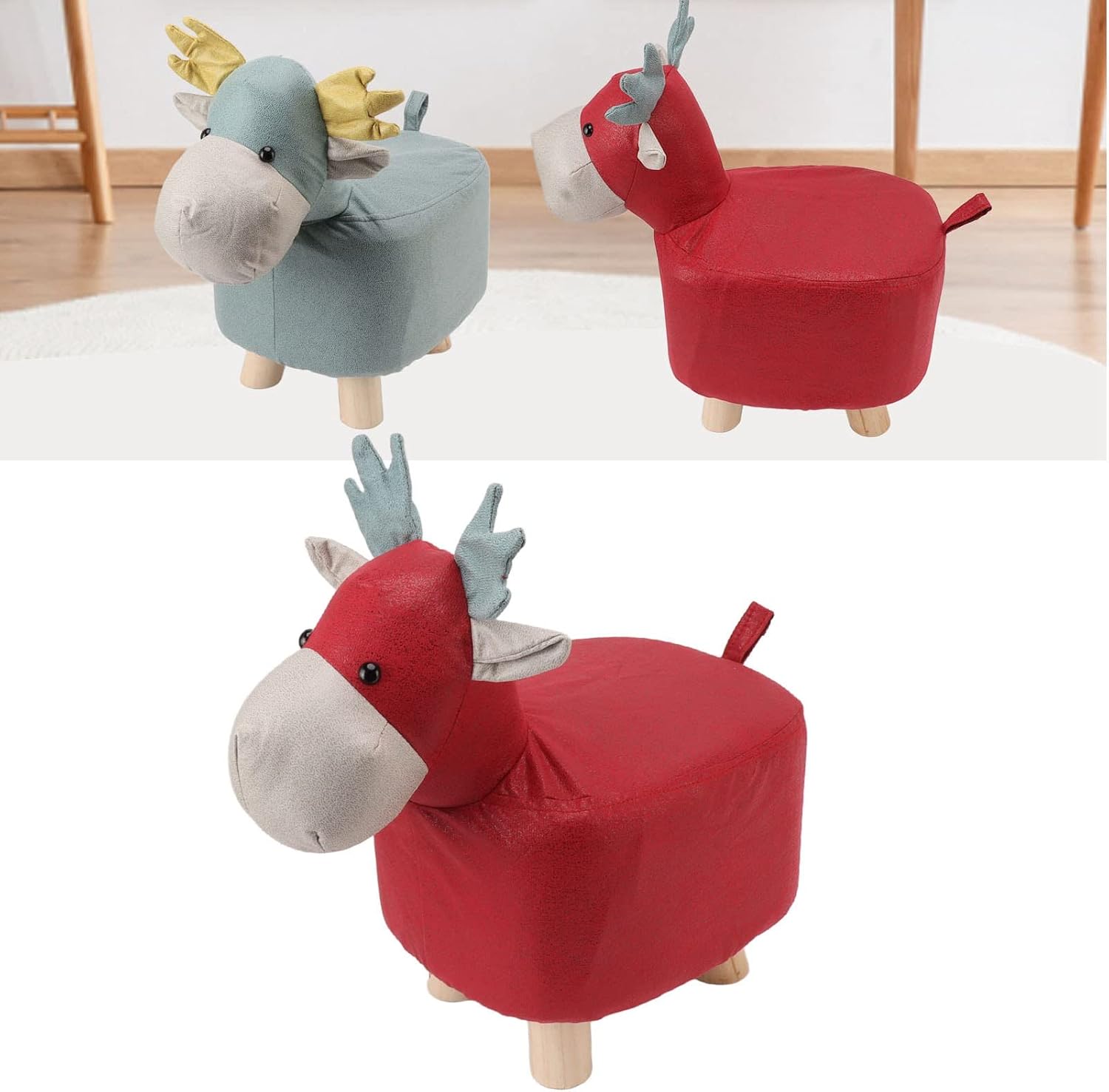 Animal Footstool for Kids, with Soft Sponge Seat Wood Legs, Animal Ottoman, Cute Cartoon Giraffe Shape for Home Kindergarten (Red)