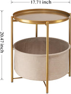 danpinera Gold Side Table with Fabric Storage Basket, Metal Round Side Small Bedside Table Nightstand with Removable Tray for Living Room, Bedroom, Outdoor Table for Patio, Nursery, Bathroom, Gold