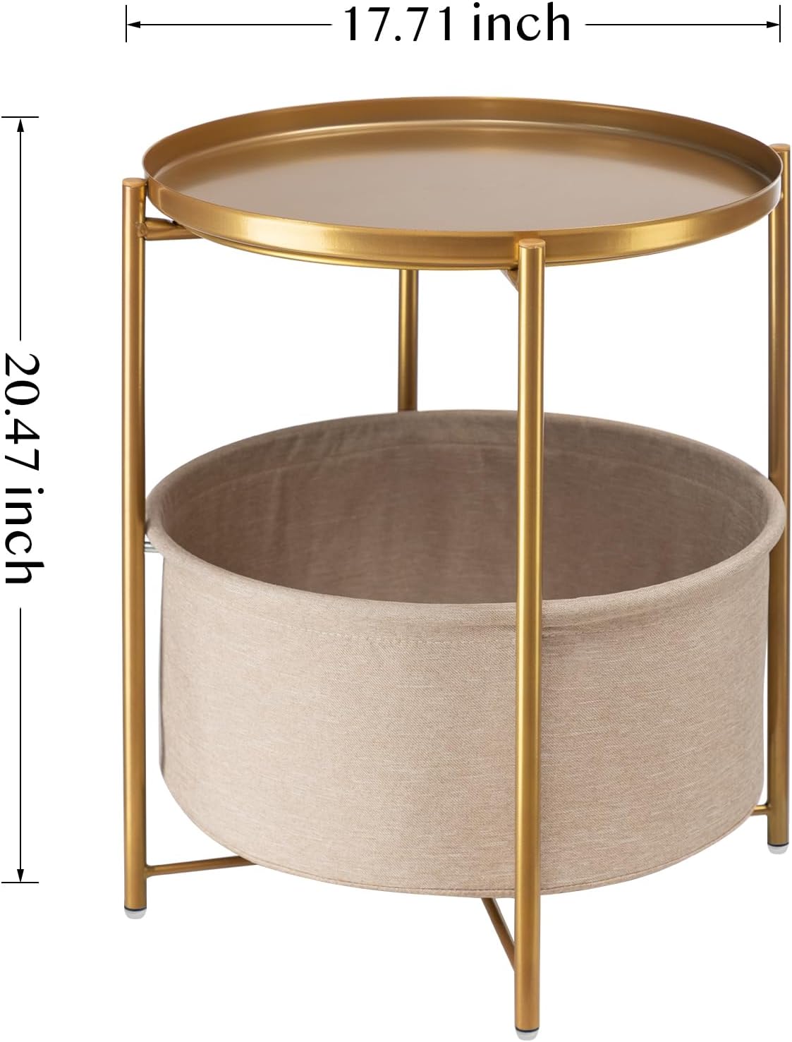 danpinera Gold Side Table with Fabric Storage Basket, Metal Round Side Small Bedside Table Nightstand with Removable Tray for Living Room, Bedroom, Outdoor Table for Patio, Nursery, Bathroom, Gold