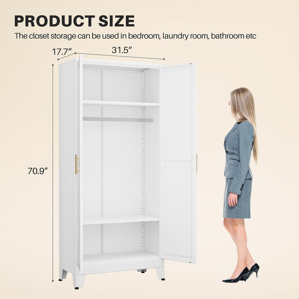 winiowa Metal Armoire Wardrobe Closet with 2 Mirror Doors, 71" Wardrobe Cabinet with Adjustable Shelves and Hanging Rod, Clothing Storage Cabinet Closet with Mirror for Bedroom-White
