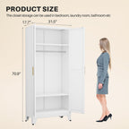 winiowa Metal Armoire Wardrobe Closet with 2 Mirror Doors, 71" Wardrobe Cabinet with Adjustable Shelves and Hanging Rod, Clothing Storage Cabinet Closet with Mirror for Bedroom-White