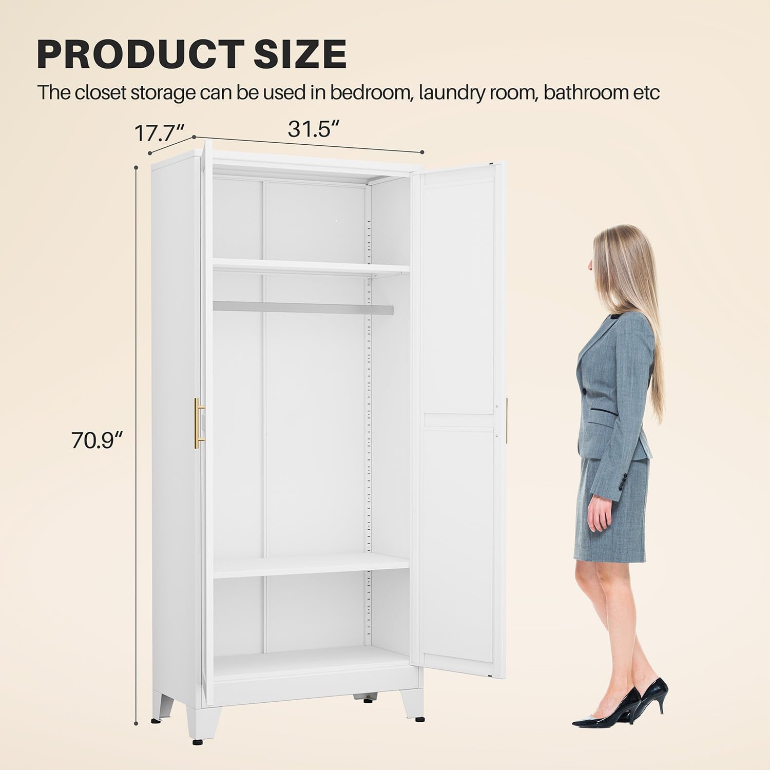 winiowa Metal Armoire Wardrobe Closet with 2 Mirror Doors, 71" Wardrobe Cabinet with Adjustable Shelves and Hanging Rod, Clothing Storage Cabinet Closet with Mirror for Bedroom-White