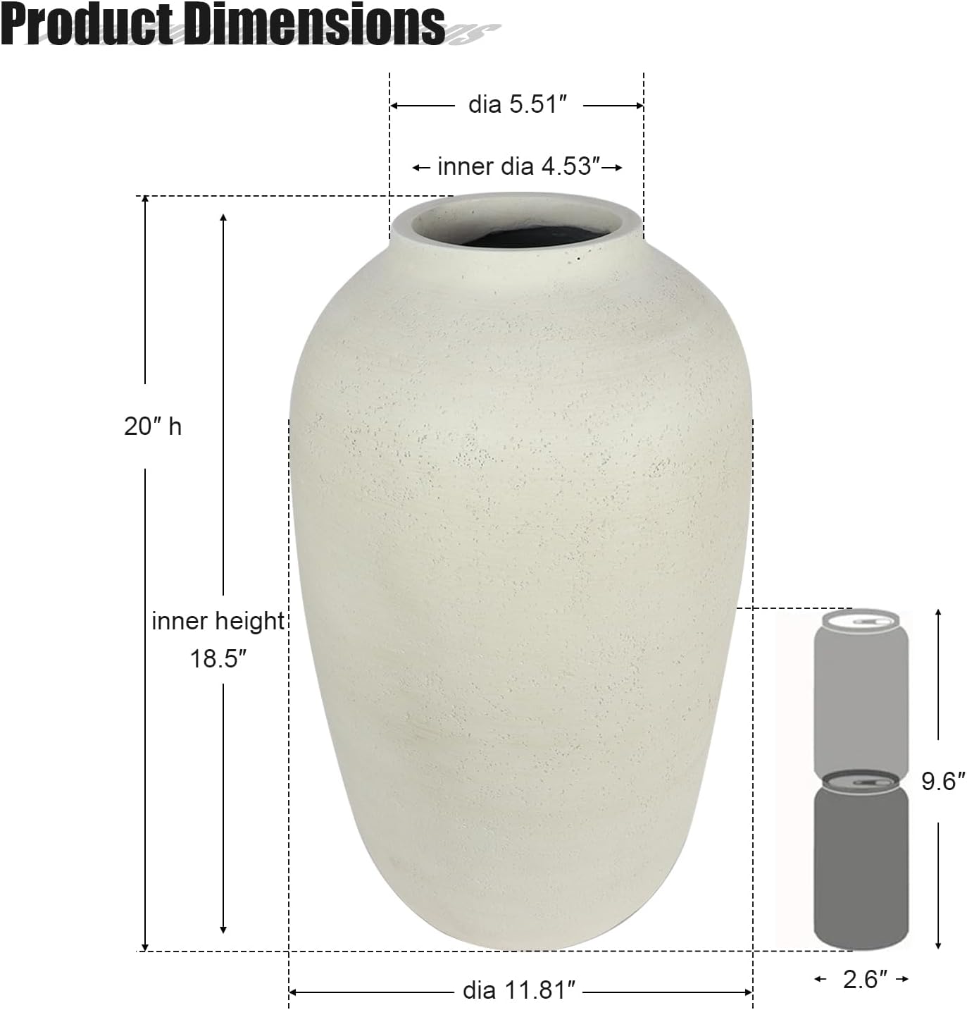 White Floor Vase, Large 20 Inch Tall Decorative Vase for Pampas Grass, Farmhouse Flower Vases, Rustic Vases Minimalist Home Decor for Living Room, Entry Way, Table, Weddings