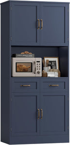HOSTACK 71“ Tall Kitchen Pantry Storage Cabinet, Modern Kitchen Hutch Bar Cabinet with Microwave Stand, Wood Buffet Sideboard with Hutch, Cupboard with Drawers, Shelves for Dining Room, Blue