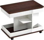 Adjustable Lift Top End Table with Wheels, Modern Multifunctional Sofa Side Table with 360 Degrees Rotating Top, Storage Space for Living Room, Small Space, Brown