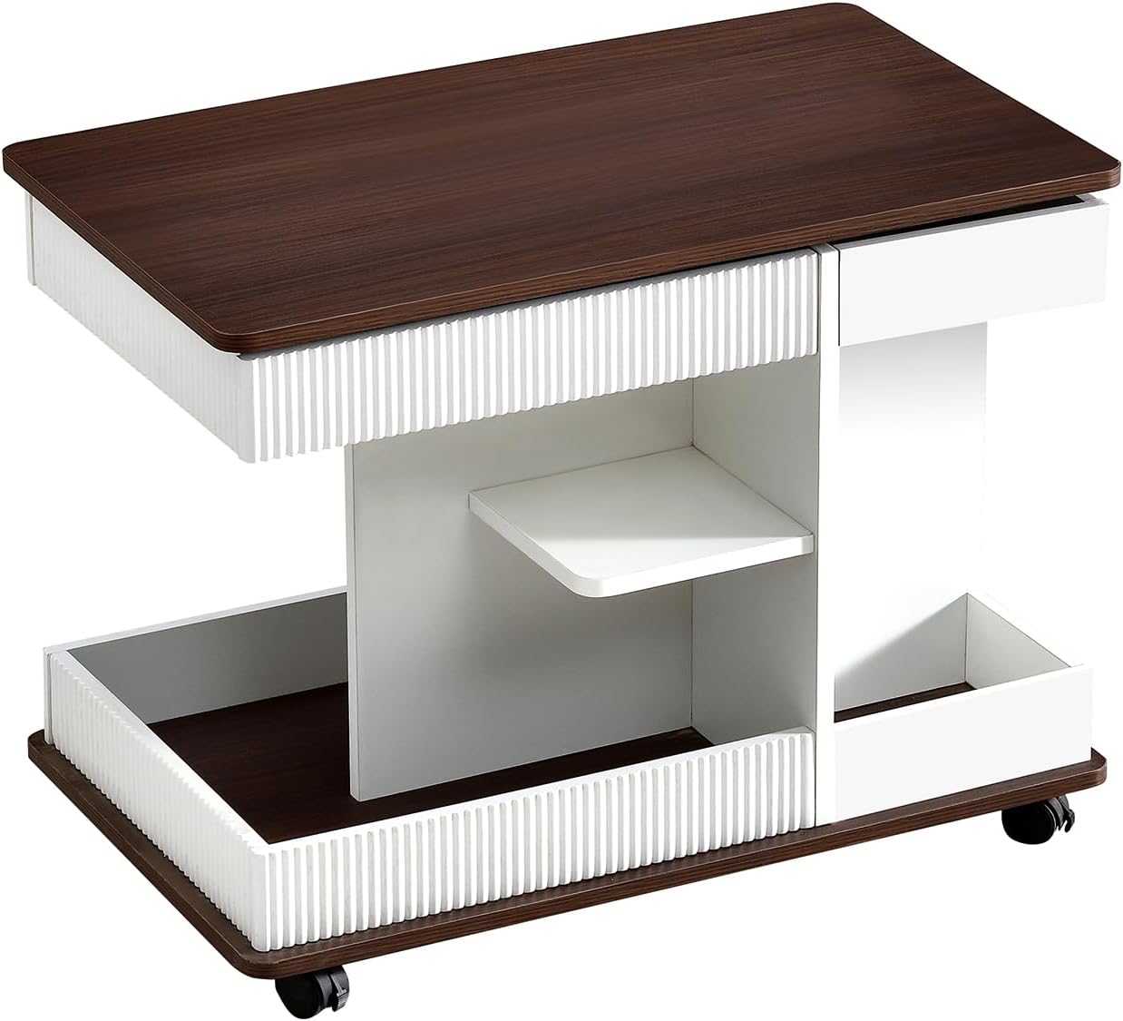 Adjustable Lift Top End Table with Wheels, Modern Multifunctional Sofa Side Table with 360 Degrees Rotating Top, Storage Space for Living Room, Small Space, Brown