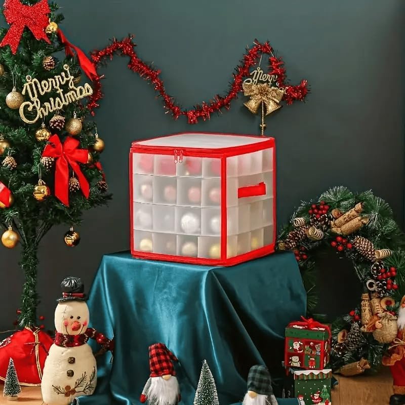 Christmas Ornament Storage Box,4 Tier Christmas Storage Box with Lid,64 Ornament Box With Durable Zippers and Dividers,Non-Woven & Tear-Proof Christmas Ornament Storage Containers,for 3"Seasons Balls