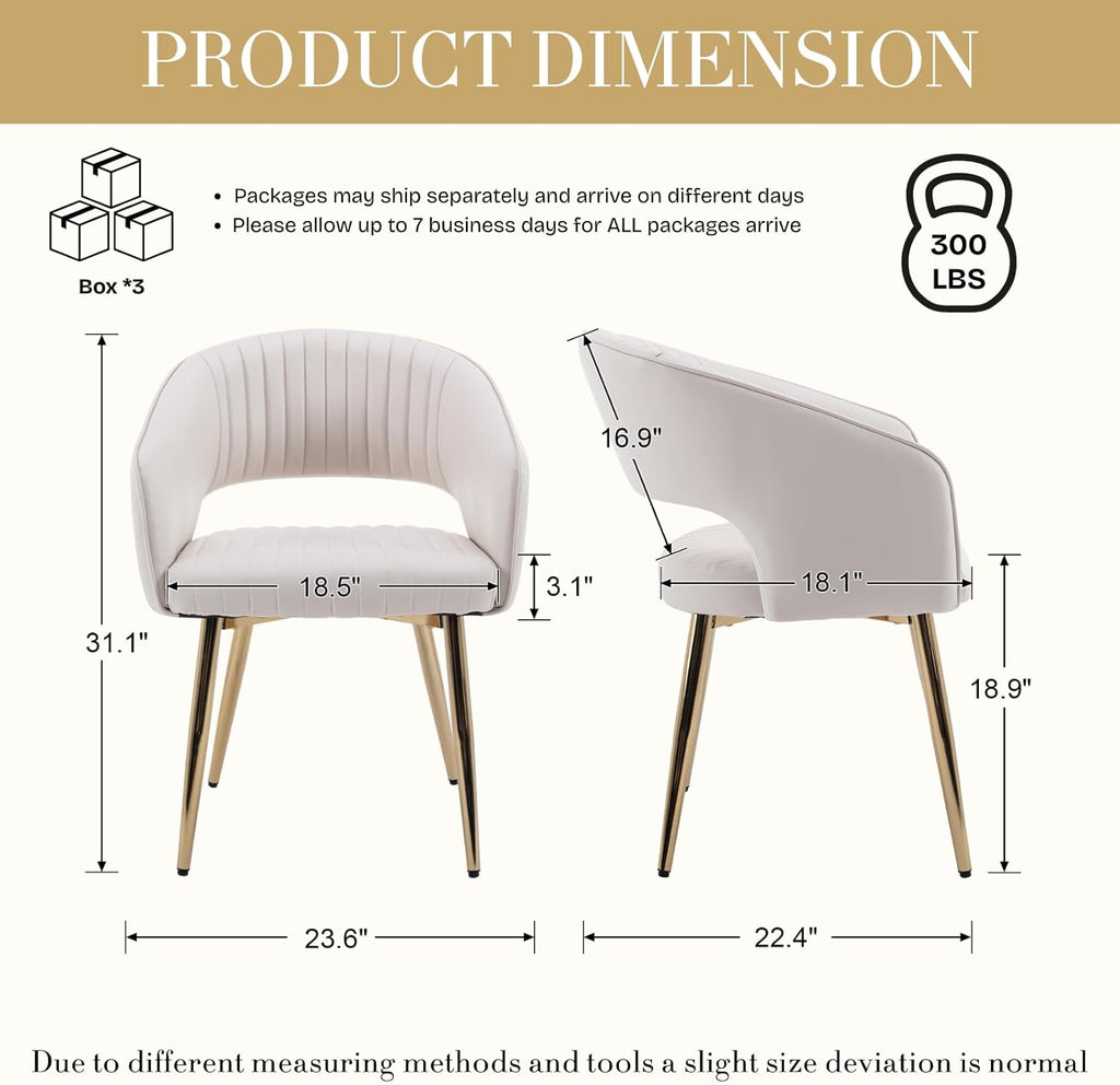 Modern Dining Chairs Set of 6, Upholstered PU Leather Dining Room Chairs with Gold Metal Legs, Accent Kitchen Chairs with Curved Backrest for Living Room, Cream