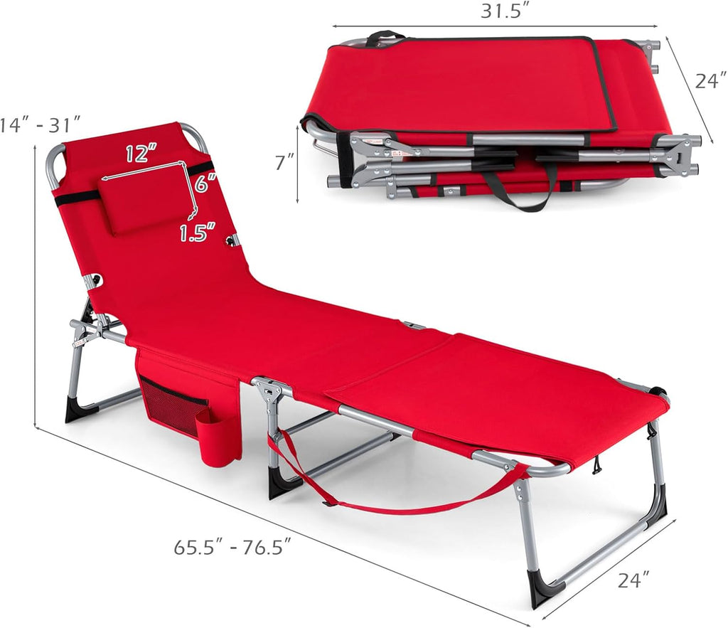 GYMAX Tanning Chair, 330LBS Beach Lounge Chair with Face Arm Hole & Hand Shoulder Strap, Folding Layout Sunbathing Chair, Face Down Outdoor Chaise Lounger for Patio, Poolside, Lawn, Backyard (1, Red)