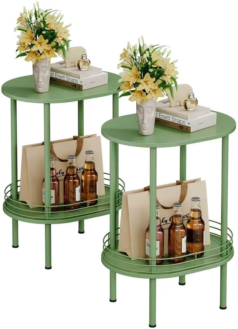 Green Oval Nightstand Set of 2, Small Modern Round Side Table with Storage | Simple 2-Tier End Table with Metal Frame, Sturdy Side Table for Small Space -Living Room,Bedroom, Nursery (2PC,Green)