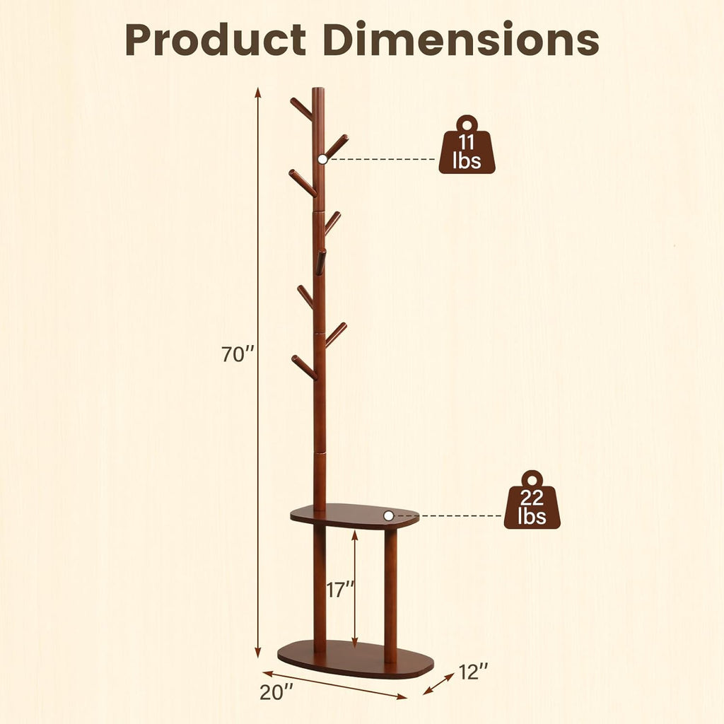 Giantex Coat Rack Freestanding, 70" Solid Wood Clothing Rack with 8 Hooks and 2 Storage Shelves, Wooden Hall Tree for Coats, Hats & Bags, Tall Coat Hanger Stand for Entryway, Living Room, Bedroom