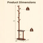 Giantex Coat Rack Freestanding, 70" Solid Wood Clothing Rack with 8 Hooks and 2 Storage Shelves, Wooden Hall Tree for Coats, Hats & Bags, Tall Coat Hanger Stand for Entryway, Living Room, Bedroom