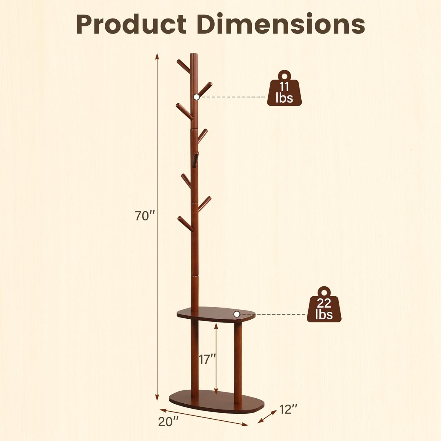Giantex Coat Rack Freestanding, 70" Solid Wood Clothing Rack with 8 Hooks and 2 Storage Shelves, Wooden Hall Tree for Coats, Hats & Bags, Tall Coat Hanger Stand for Entryway, Living Room, Bedroom