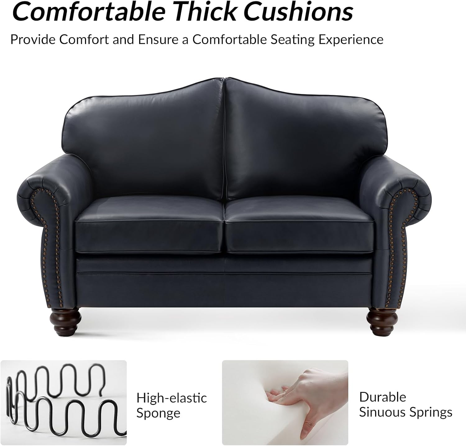 60" Wide Genuine Leather Chesterfield Loveseat, 2 Seat Leather Sofa with Rolled Arms, Nailhead Trim for Living Room Furniture, Easy Assembly – Navy