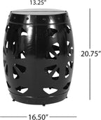 Penau Metal End Table, Powder-Coated Iron Barrel Accent Side Table, Decorative Iron Cut Floral Pattern, No Assembly, 16.50 x 16.50 x 20.75 Inchs, Black