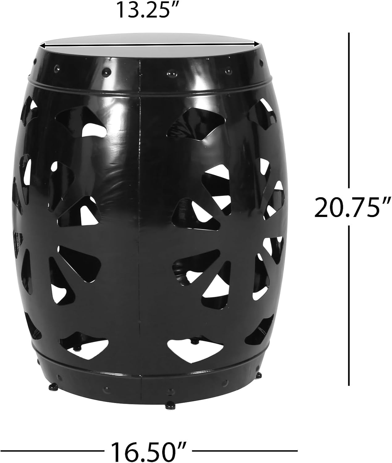Penau Metal End Table, Powder-Coated Iron Barrel Accent Side Table, Decorative Iron Cut Floral Pattern, No Assembly, 16.50 x 16.50 x 20.75 Inchs, Black