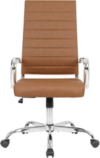 LANDSUN Home Office Chair High Back Executive Chair Ribbed Leather Computer Desk Chair with Armrests Soft Padded Adjustable Height Swivel Modern Conference Chrome Brown