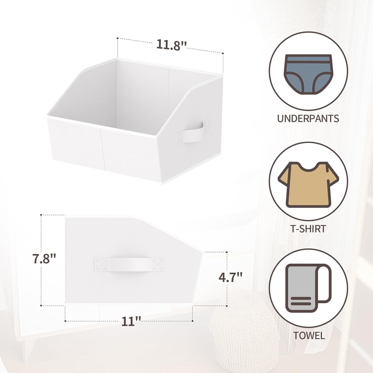Homsorout Storage Bins for Shelves - Small Trapezoid Closet Shelf Organizer, Fabric Organization Bins with Handles, Storage Baskets for Clothes, Towel, Purse, 4 Pack, White