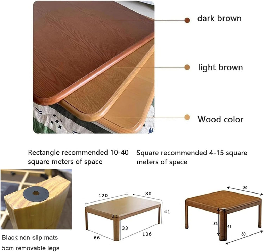 Kotatsu Heating Table Set 80/120cm Japanese-Style Stove Futon Set Kotatsu Heating Table 4-piece Set for Living Room in Winter Living Room Square Kotatsu Table (Khaki-B, 80 * 120 * 40cm)