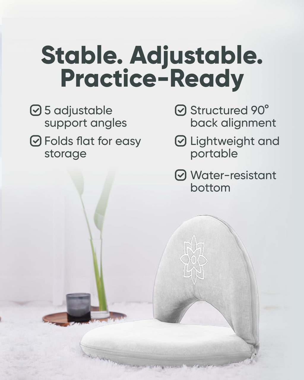Mindful Modern Meditation Chair | Adjustable Floor Chair with Back Support | Padded Floor Seat for Posture Support and Comfort | Portable Folds Flat for Storage | Indoor/Outdoor Use | Classic White