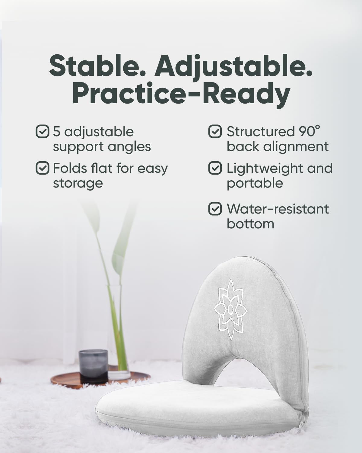 Mindful Modern Meditation Chair | Adjustable Floor Chair with Back Support | Padded Floor Seat for Posture Support and Comfort | Portable Folds Flat for Storage | Indoor/Outdoor Use | Classic White