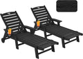 Patio Chaise Lounge Chair Set of 2, Oversize Lounge Chairs with Wood Texture& Rolling Wheels, HDPE 6-Position Plastic Lounge Chairs for Poolside, Patio, Deck, Beach,Black
