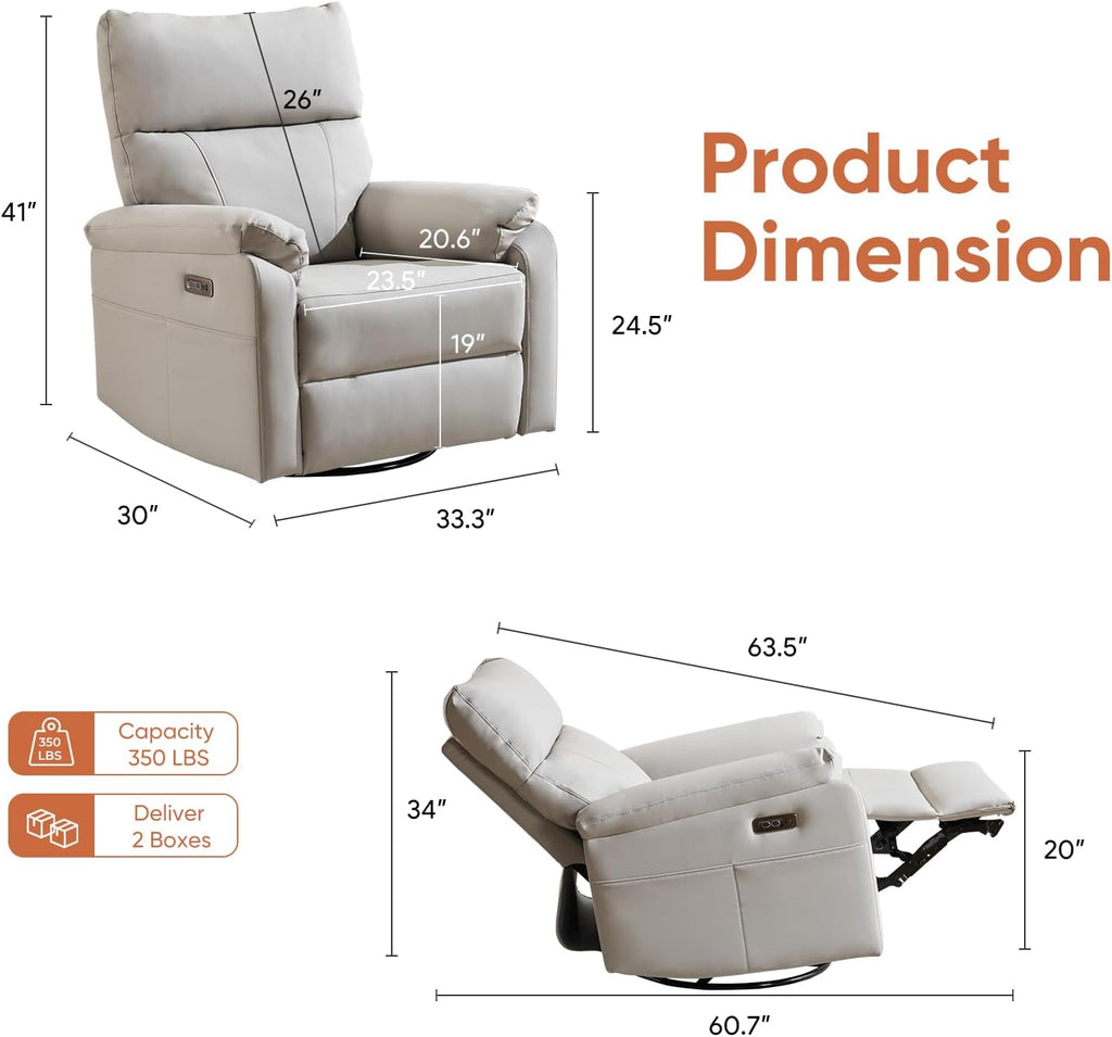 Power Rocking Chair Nursery with Adjustable Lumbar Support,Swivel Rocker Recliner with Overstuffed Armrests, Nursery Glider Recliner for Bedroom & Livingroom, USB & Type-C, Faux Leather Grey