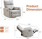 Power Rocking Chair Nursery with Adjustable Lumbar Support,Swivel Rocker Recliner with Overstuffed Armrests, Nursery Glider Recliner for Bedroom & Livingroom, USB & Type-C, Faux Leather Grey
