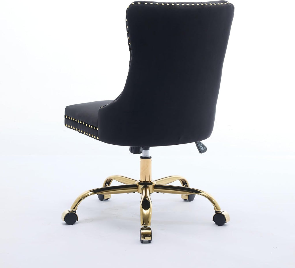 Modern Velvet Office Chair with Tufted Button Design, Adjustable Swivel Desk Chair with Golden Metal Base for Home and Office,Black