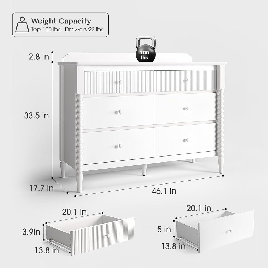 JOINICE White Nursery Dresser for Kids Bedroom, 6 Drawers for Storage | Jenny Lind Spindle Legs Dresser, Baby Clothes Organizer for Toddlers, Children's Room, Anti-tip Kit for Safety