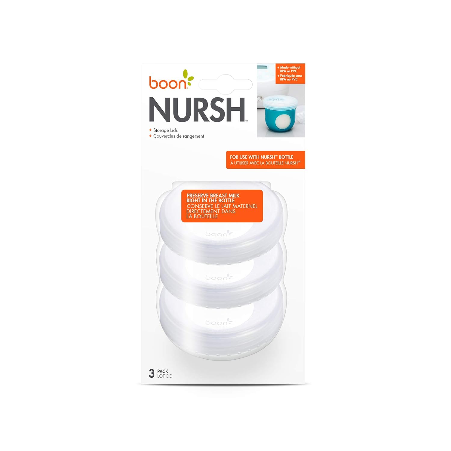 Boon Nursh Breast Milk Storage Lids - Made for Boon Nursh Bottles - Lids for Formula Travel Container - Breastfeeding Essentials and Baby Feeding Supplies - 3 Count