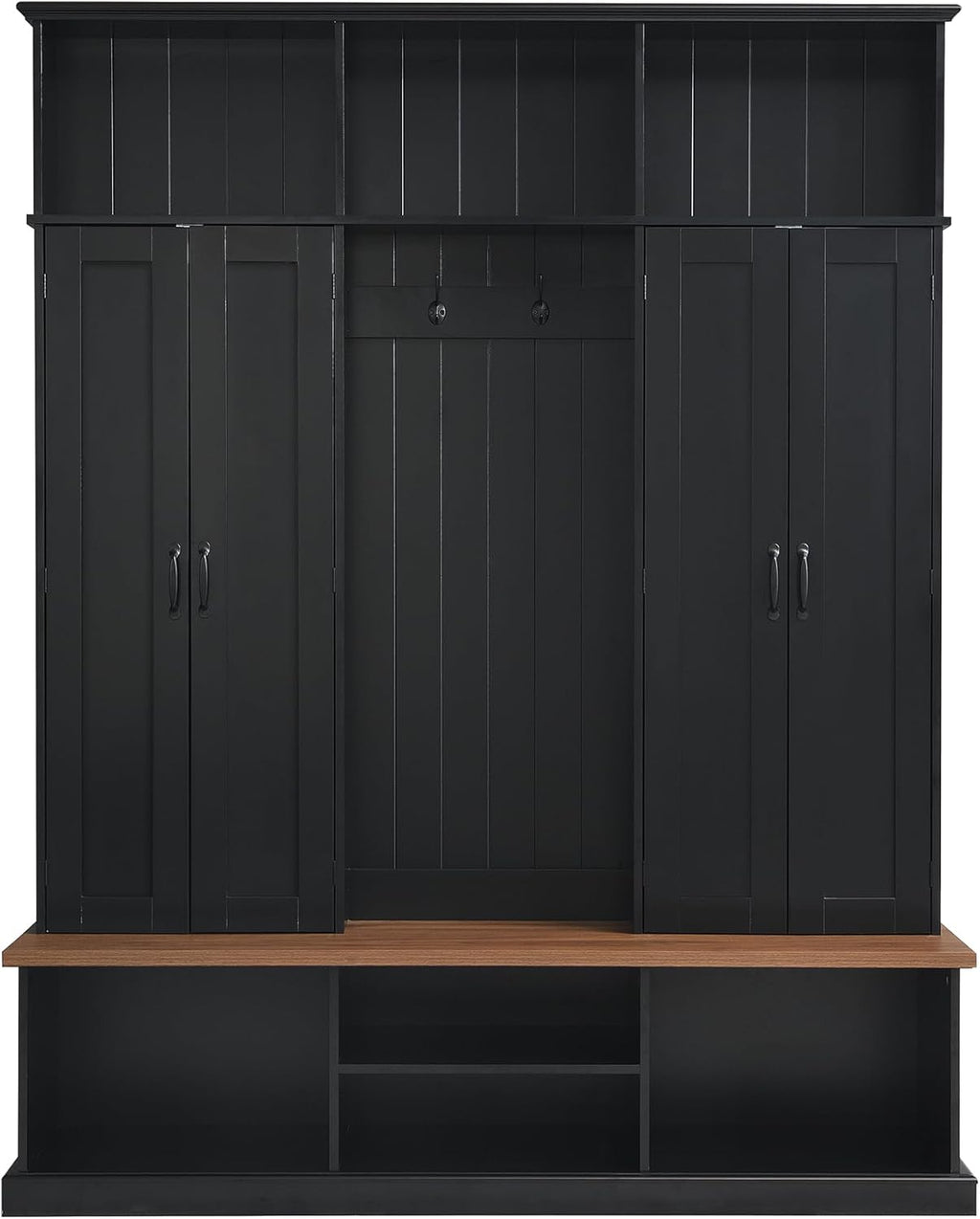 LUMISOL Farmhouse Hall Tree with Bench and Shoe Storage, 62''W Entryway Bench with Hooks, 2 Cabinets & 3 Open Top Cubbies for Entrance, Hallway, Mudroom, Black