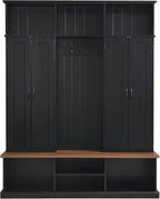 LUMISOL Farmhouse Hall Tree with Bench and Shoe Storage, 62''W Entryway Bench with Hooks, 2 Cabinets & 3 Open Top Cubbies for Entrance, Hallway, Mudroom, Black