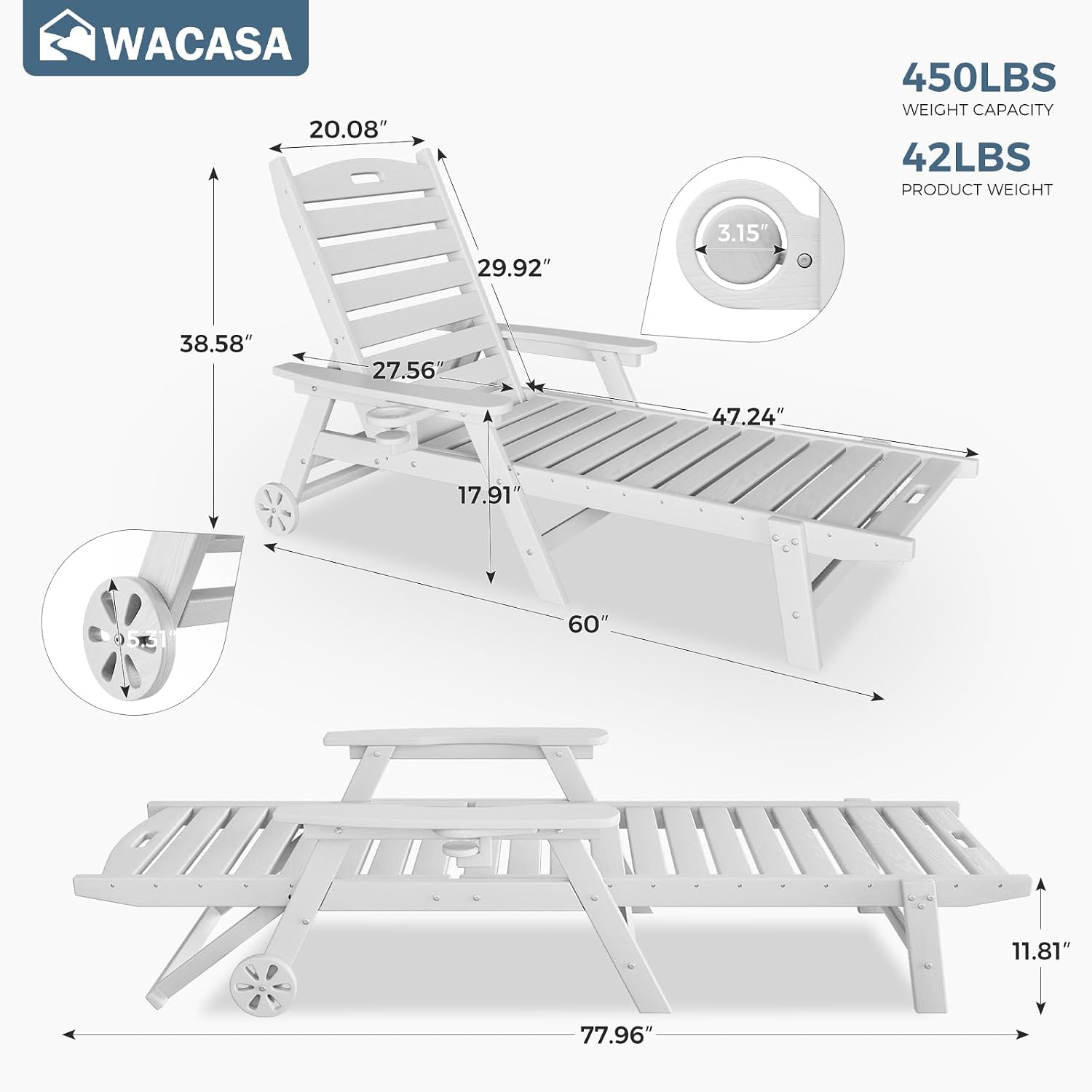 WACASA HDPE Pool Lounge Chairs Set of 2 with Wheels & Cup Holder, 6-Position Adjustable Lounge Chair Outdoor, Easy 20-Min Assembly, 450LBS Bearing, Pool Lounger for Patio, Deck, Backyard (White)
