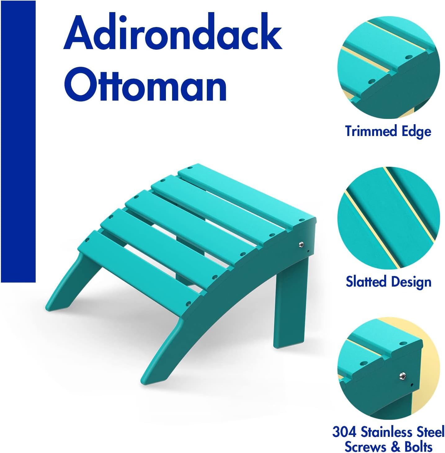 BRIOPAWS Adirondack Ottoman | Folding | HDPE Plastic | Aqua Outdoor Foot Rest | All Weather | Patio Footrest for Adirondack Chair | Foot Stool for Pool Deck Porch | 19.7W x 18.5L x 13H Inch