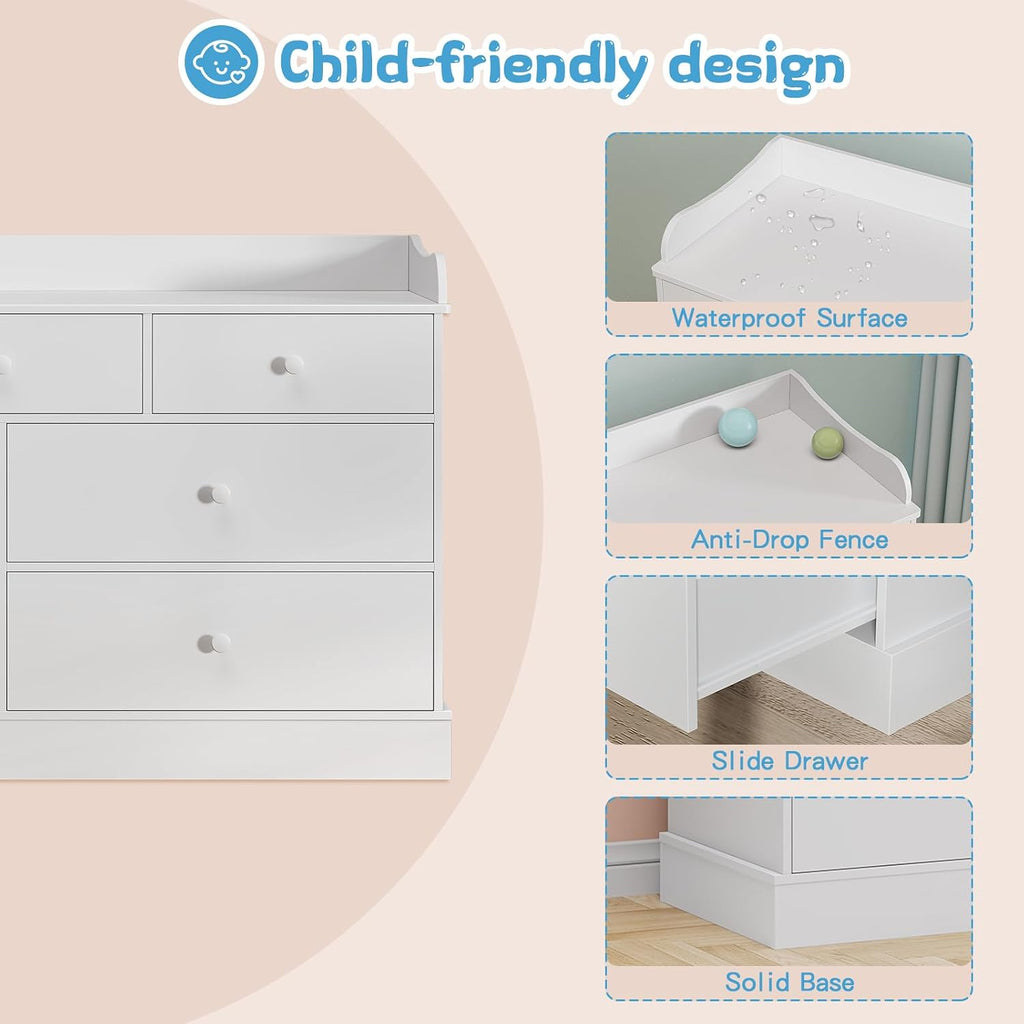 Vabches Kids Dresser Cabinet with 7 Drawers and Large Table Top, Multi-Functional Chest of Drawers, Baby Dresser, Kids Bedroom Furniture, Nightstand for Child’s Room, White