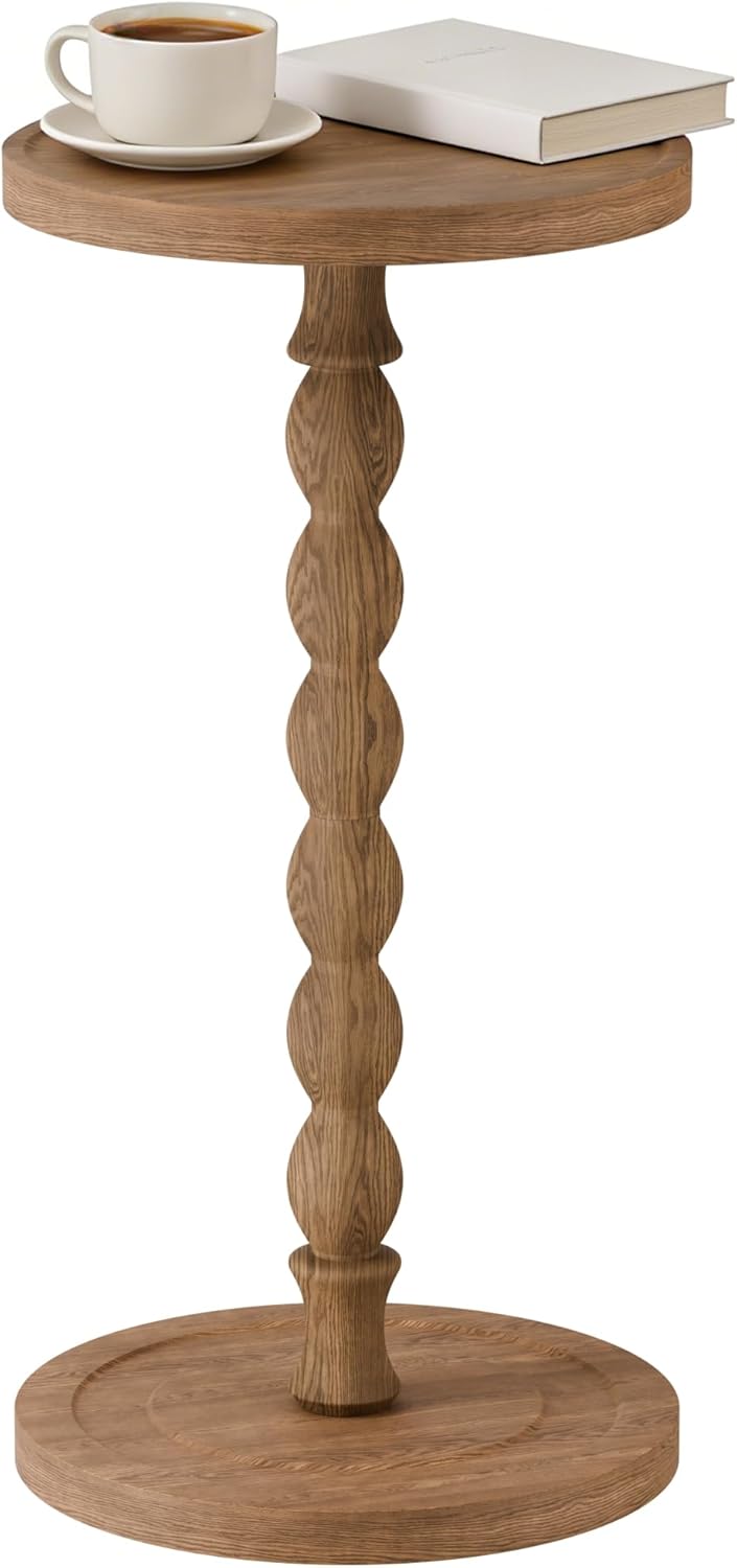 Small Side Table, Rubberwood‌ Drink Table for Small Spaces, Solid Wood Pedestal Coffee Tables, Round End Tables for Living Room, Sofa Couch, Bedroom, Corners, and Office (Brown, 11.81 inch)