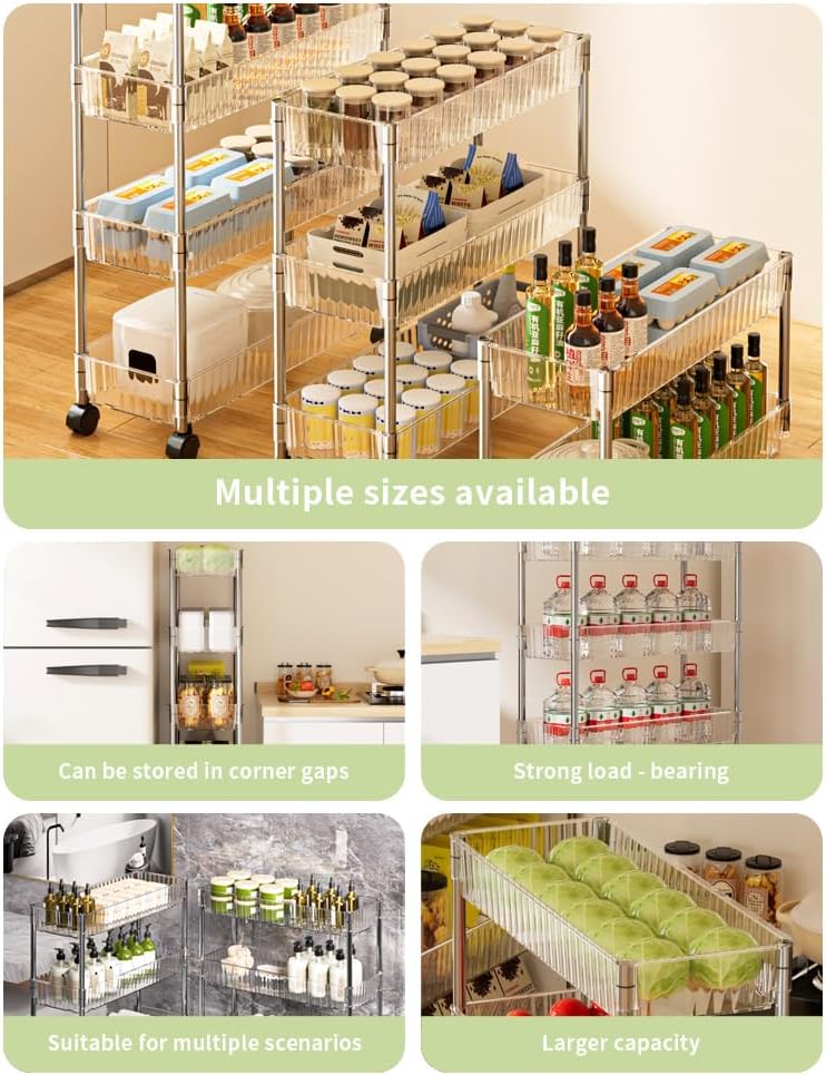 Sooyee Slim Clear 3-Tier Plastic Rolling Utility Cart with Wheels, Multi-Functional Storage Trolley for Office, Living Room, Kitchen, Movable Storage Organizer with Wheels