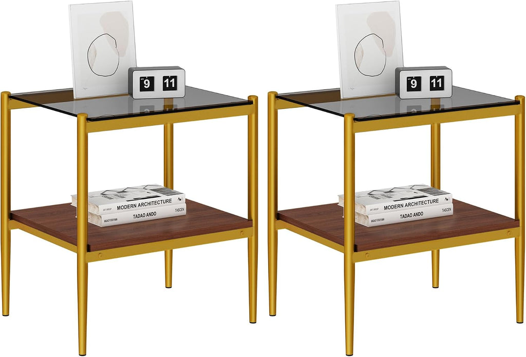 End Table Set of 2, Tempered Glass Side Tables Set with Wooden Storage Shelf, 2-Piece Nightstands for Bedroom, Living Room