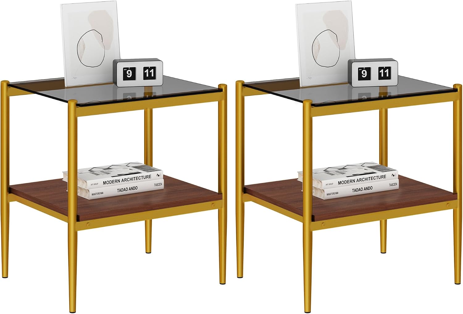 End Table Set of 2, Tempered Glass Side Tables Set with Wooden Storage Shelf, 2-Piece Nightstands for Bedroom, Living Room